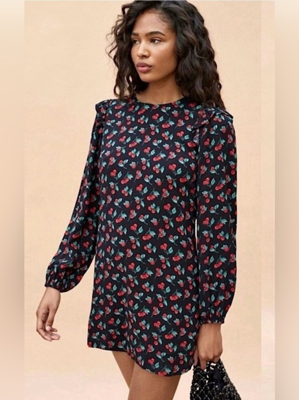Reformation Jeans Cherry Print Ruffle Shoulder Long Sleeve Mini Dress - Size L
